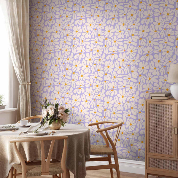 Tappezzeria murale - Cute Creamy Little Flowers - Small flowers with creamy - wind-blown petals on a blue background