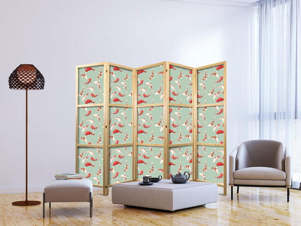 Paravento giapponese - Fish and Japanese Pattern - Koi Fish in Orange-Cream Colors on a Green-Mint Background with an Oriental Pattern