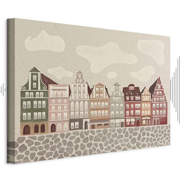 Quadro - Salt Square - Colorful Illustrated Townhouses Against a Cloudy Sky Background