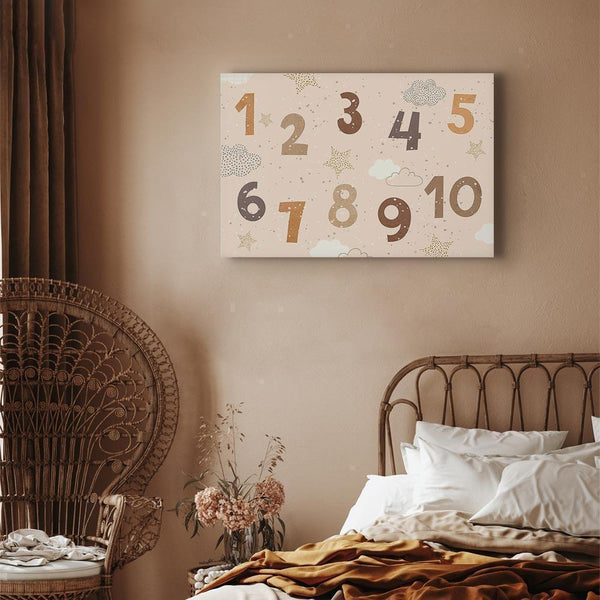Quadro - Jumping Numbers - Numbers in a Subdued Beige-Brown Hue Among Snowflakes Stars and Clouds
