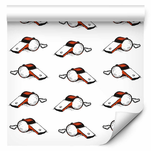 Tappezzeria murale - Soccer Whistles - Black and white with red accents on a white background