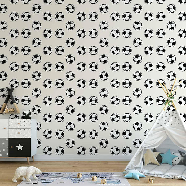 Tappezzeria murale - Soccer - Symmetrical black-and-white soccer balls on a beige background