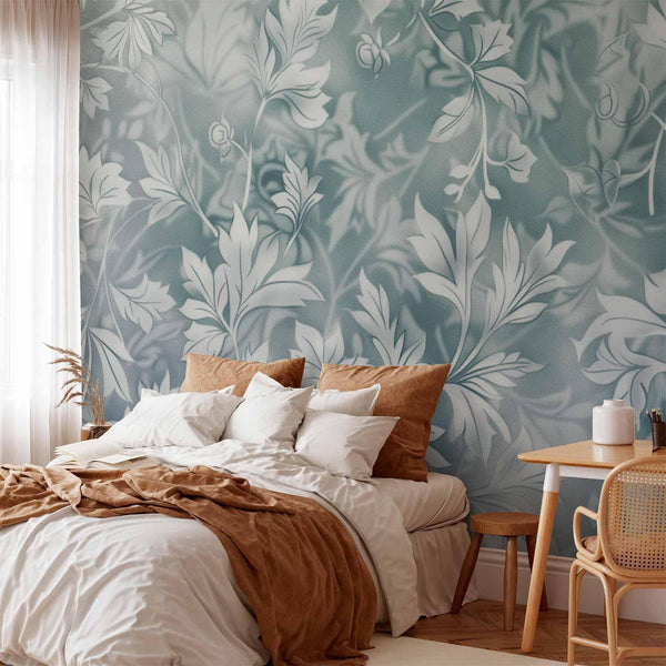 Carta da parati - Ornaments in Worn Muted Turquoises: Delicate Plant Pattern
