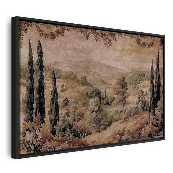 Quadro - Mediterranean landscape - old tapestry with a hill and a lake