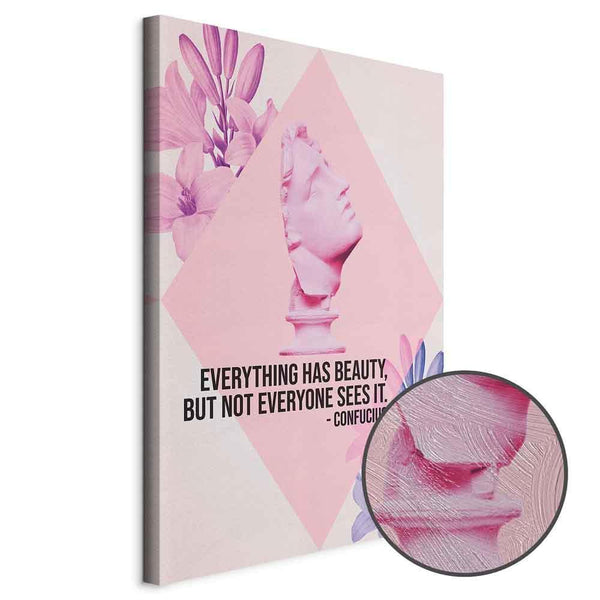 Quadro - Beauty in the Eyes - Inspirational Quote with Pink Bust and Flowers