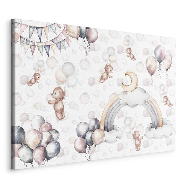 Quadro - Toy Bears with Balloons - Flying Plush Bears Among Balloons Clouds and Rainbows in Subtle Pastel Hues