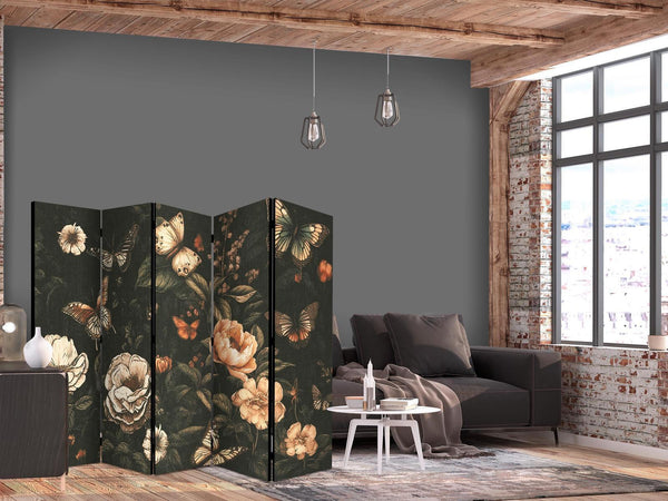 Paravento - Mysterious Garden - Butterflies Flying Over Flowers - Rustic Evening