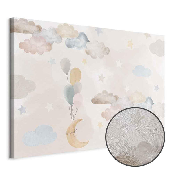 Quadro - Fairy-Tale Moon - Pastel Moon with Balloons Among Colorful Clouds and Stars in Subdued Colors on a Light Background