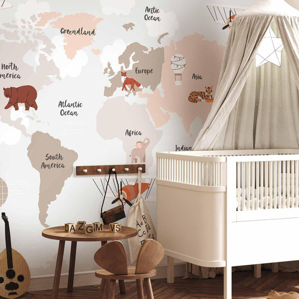 Carta da parati - Map in Shades of Beige - Continents With Animals