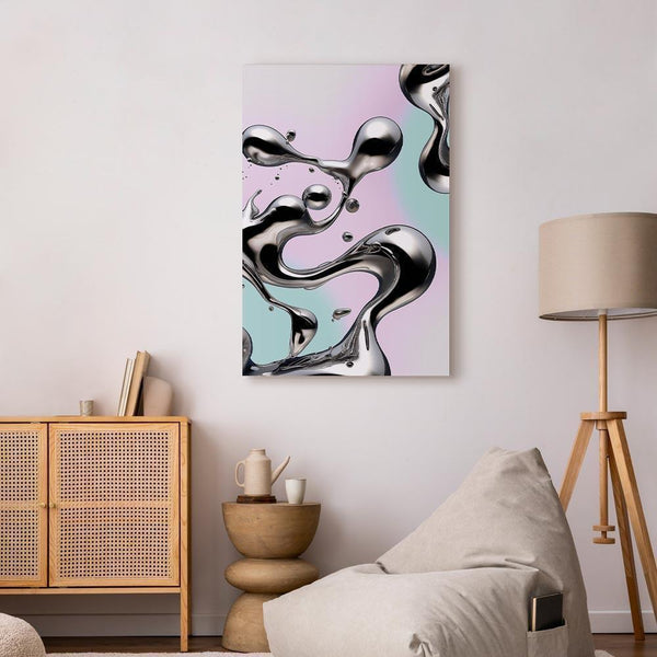 Quadro - Metallic Fluidity - Abstract Silver Forms on a Mint-Purple Background