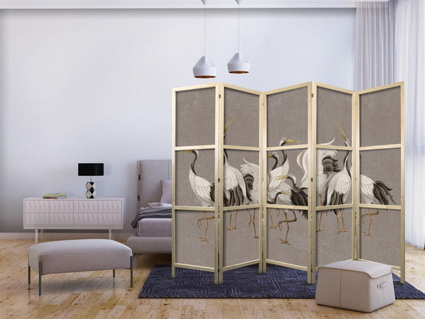 Paravento giapponese - Crane dance - bright silhouettes of birds on a warm grey background with texture