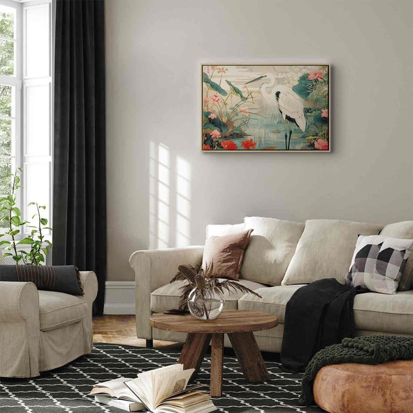 Quadro - By an Asian pond - an illustration in the style of a Japanese engraving, depicting a heron