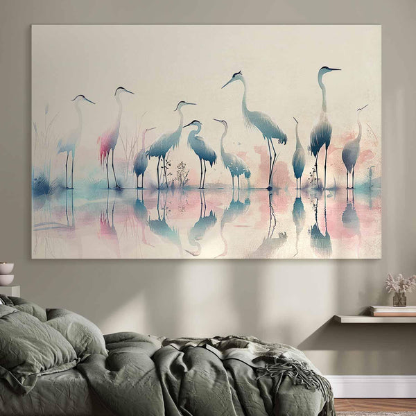 Quadro XXL - Birds by the lake - herons painted in watercolour in delicate grey and pink colours