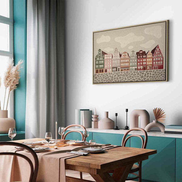 Quadro - Salt Square - Colorful Illustrated Townhouses Against a Cloudy Sky Background