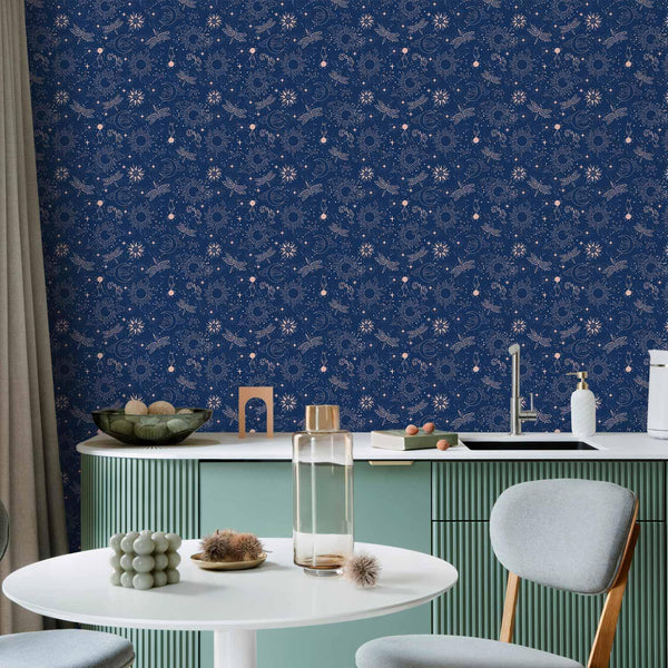 Tappezzeria murale - Cosmic Fantasy - Pattern with Suns - Moons - and Dragonflies on a Dark Background