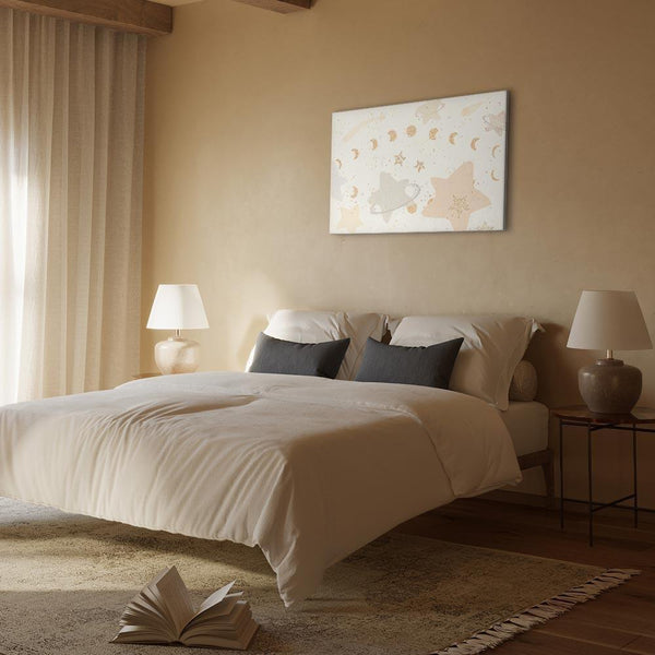 Quadro - Fairy-Tale Galaxy - Phases of the Moon in Yellow Tones Among Stars in Beige and Ash Colors with Stardust