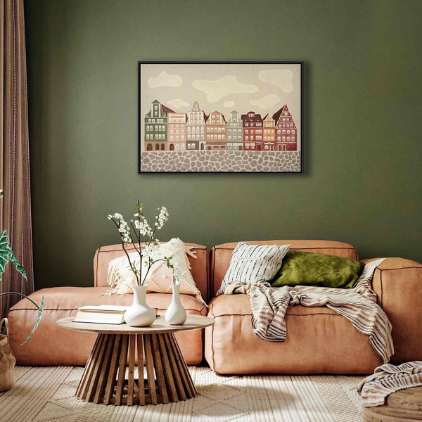 Quadro - Salt Square - Colorful Illustrated Townhouses Against a Cloudy Sky Background