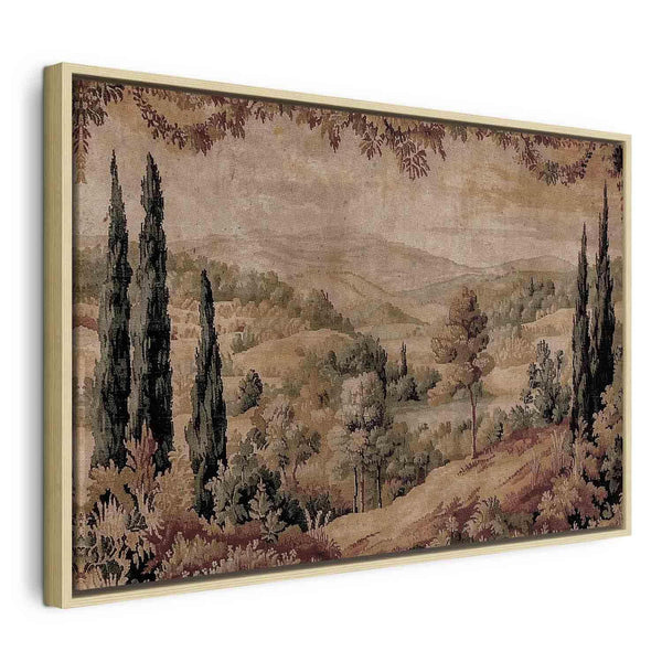 Quadro - Mediterranean landscape - old tapestry with a hill and a lake
