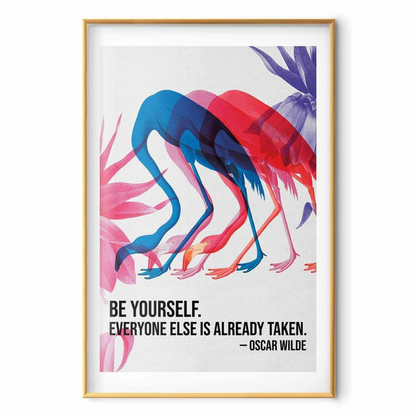 Poster - Colorful Repetition - three flamingo silhouettes with an inspiring quote