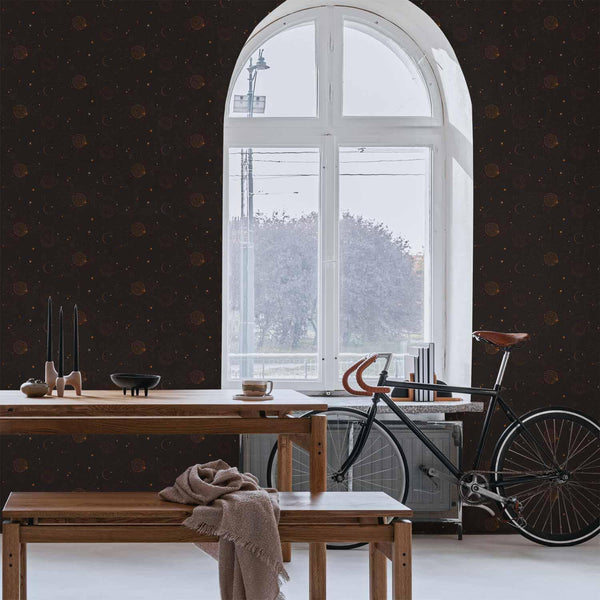 Tappezzeria murale - Night Sky - Artistic Composition of Suns and Planets on a Black Background