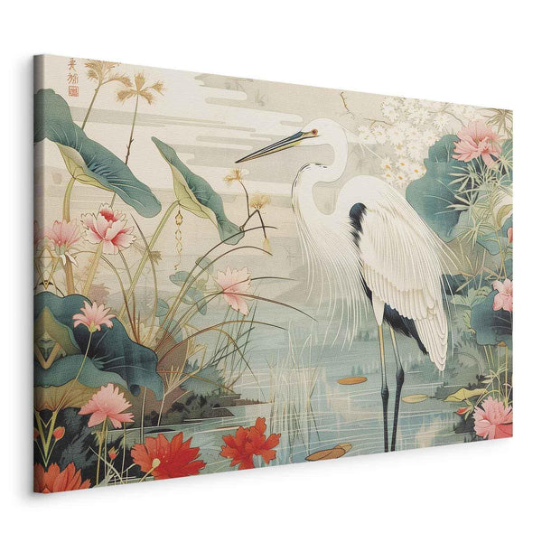 Quadro - By an Asian pond - an illustration in the style of a Japanese engraving, depicting a heron