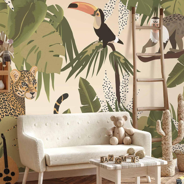 Carta da parati - Leaves and Shapes - Jungle in Faded Colours With Animals