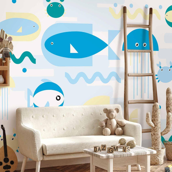 Carta da parati - Animals in the sea - geometric blue fish in water for kids