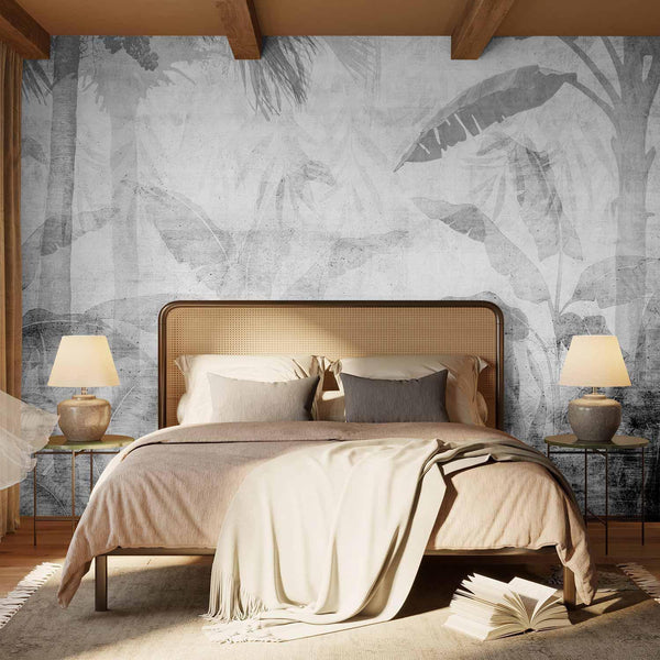 Carta da parati - Vanishing jungle - landscape of exotic trees and leaves in grey tones