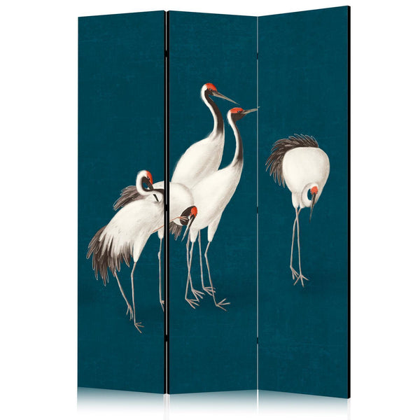 Paravento - Evening by the pond - a group of cranes drawn with dry pastels on a dark turquoise background