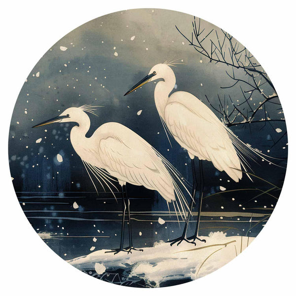 Carta da parati rotondi - Herons over a winter pond - Japanese-style illustration in dark colours
