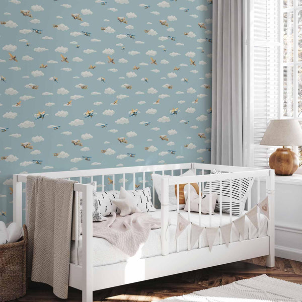 Tappezzeria murale - Illustration - Yellow-blue airplanes against a blue sky