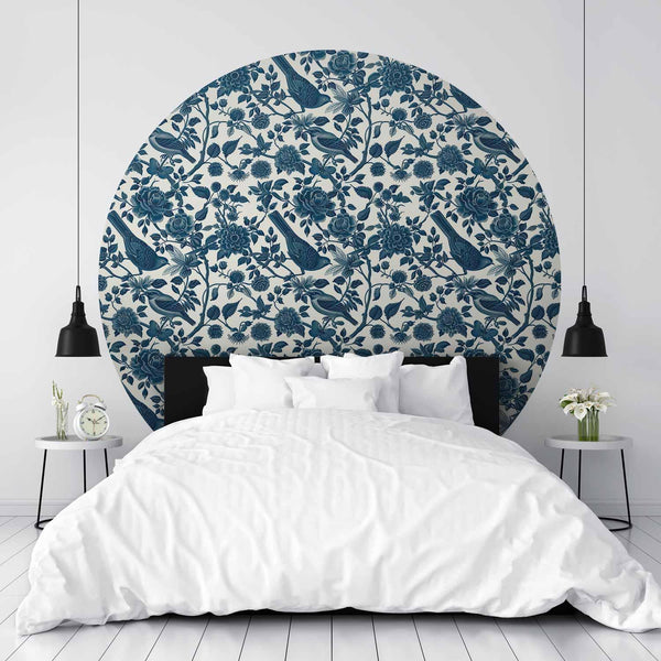 Carta da parati rotonda - Birds and roses - monochrome blue pattern with botanical motif