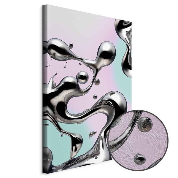 Quadro - Metallic Fluidity - Abstract Silver Forms on a Mint-Purple Background