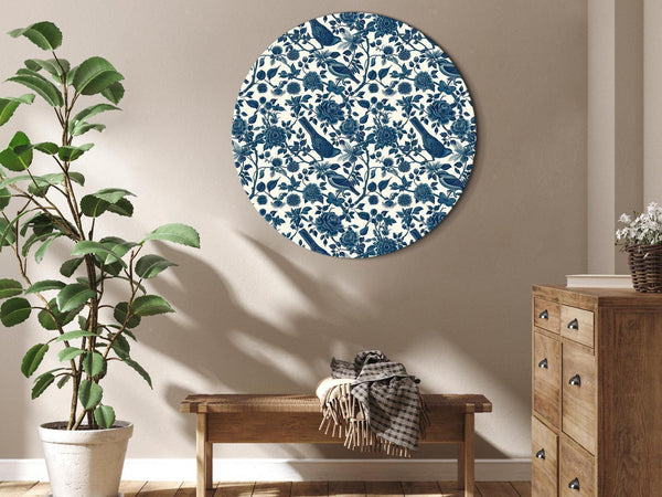 Quadro rotondo - Birds and roses - monochrome blue pattern with botanical motif