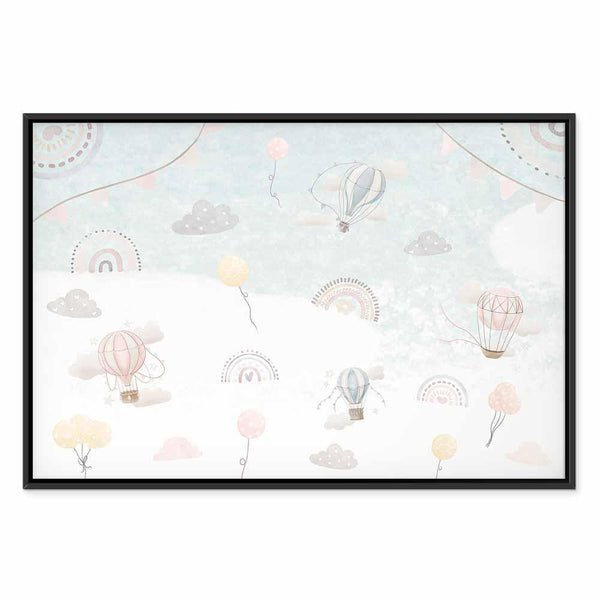 Quadro - Sky with Balloons - Balloons in Subdued Colors Flying in the Sky Among Clouds Rainbows and Stars