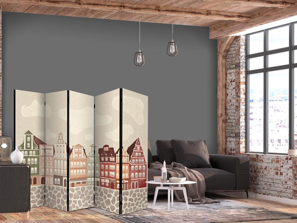 Paravento - Salt Square - Colorful Illustrated Townhouses Against a Sky with Clouds Background