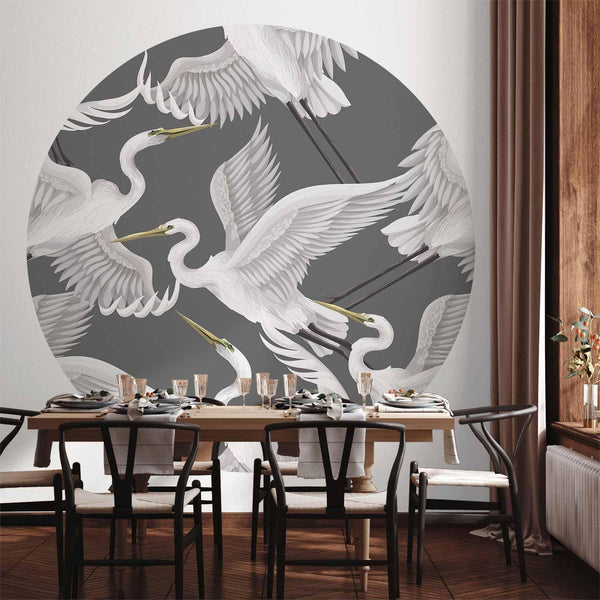 Carta da parati rotonda - Pastel birds – a delicate pattern of white and grey herons on a light pink background