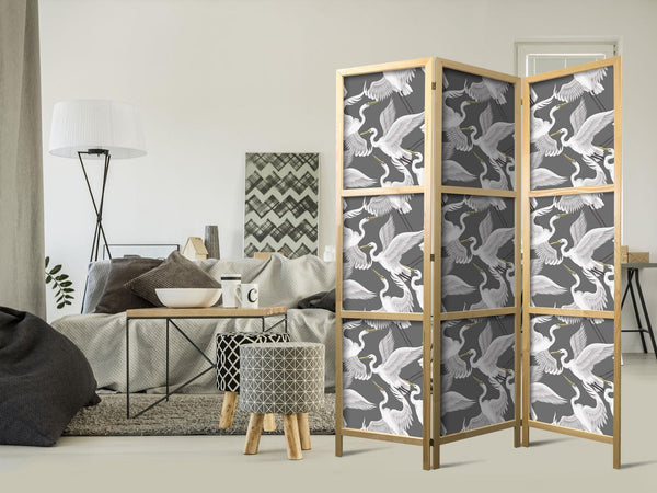 Paravento giapponese - Pastel birds - a delicate pattern of white and grey herons on a light pink background