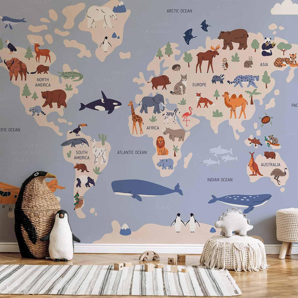 Carta da parati - World Map With Animal Illustrations