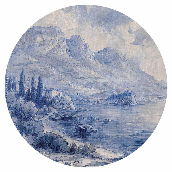 Carta da parati rotonda - Blue bay - Italian landscape of Lake Como painted with blue ink