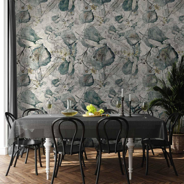 Carta da parati - Autumn souvenirs - cool grey floral pattern with leaves