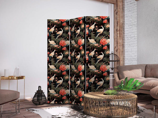 Paravento - Ornament with birds - silhouettes of cranes and peony flowers on a dark background