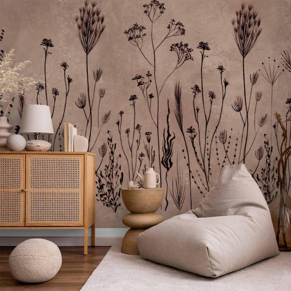 Carta da parati - Wildflowers – black plants on lime-wash background