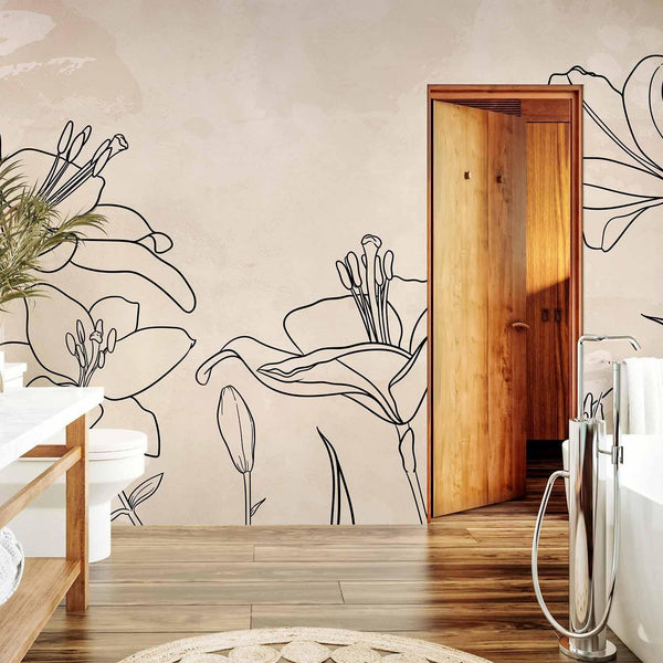 Carta da parati - Sketch of nature - minimalist lineart with lily flowers on a beige background