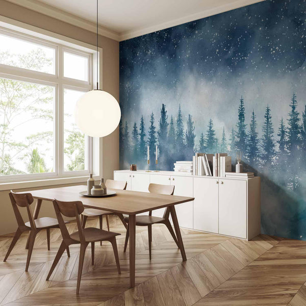 Carta da parati - Night landscape - landscape of a misty forest at night with a starry sky