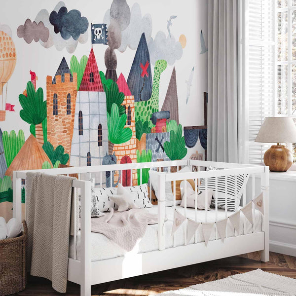 Carta da parati - A colourful treasure island with a castle - a pirate ship at sea for children