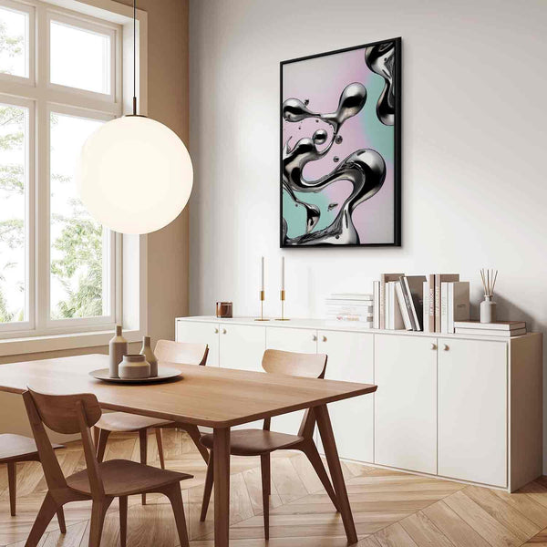 Quadro - Metallic Fluidity - Abstract Silver Forms on a Mint-Purple Background