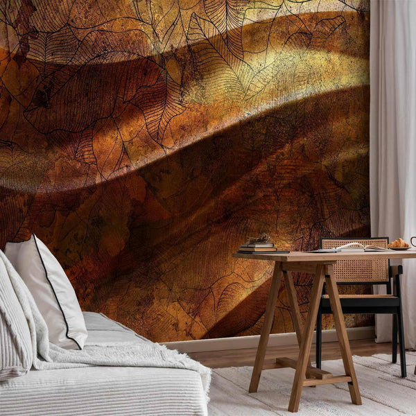 Carta da parati - Liquid gold - abstract wavy composition with leaf patterns