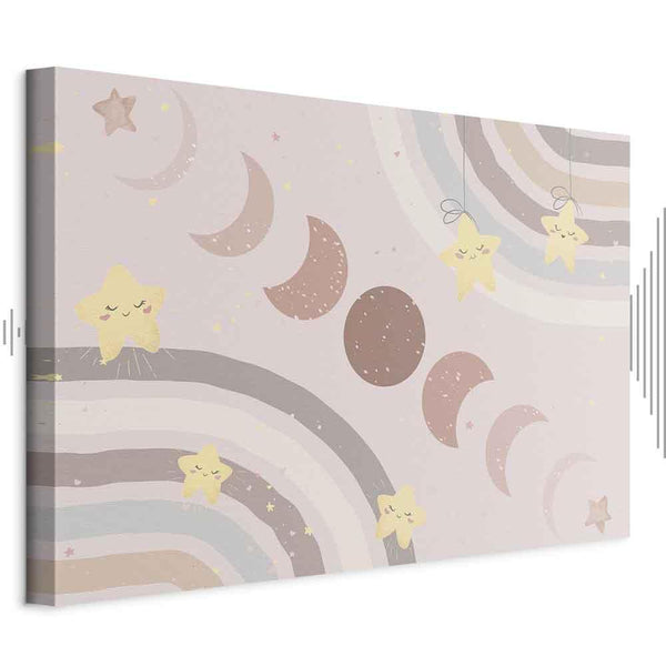 Quadro - Joyful Sky - Yellow Cheerful Stars with a Rainbow Against the Phases of the Moon in a Light Beige Sky Hue