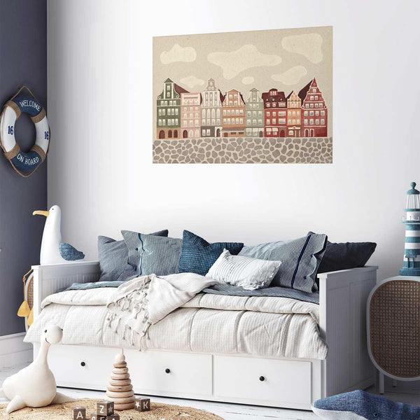 Poster - Colorful Facades - Historic Wrocław Tenement Houses Against the Sky and Cobblestone Street